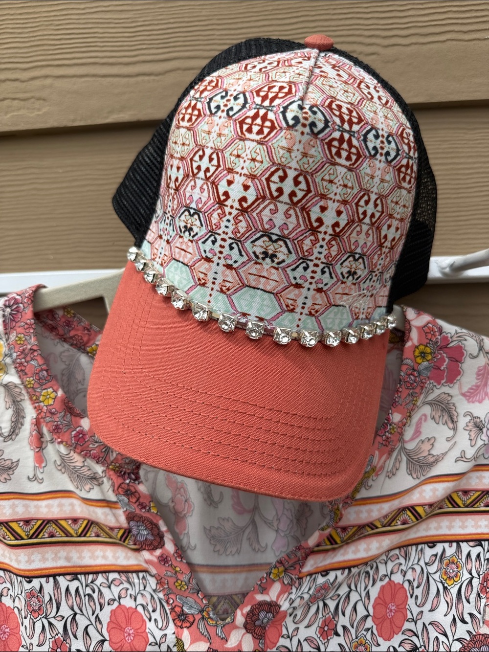 Prana Coral and Black Embellished Mesh Baseball Cap